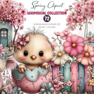 May include: A watercolour spring clipart set with a whimsical collection of illustrations. The image includes a baby chick hatching from an egg, a cow wearing a flower crown, and a bunny. Pink flowers and a pastel fence are also included.
