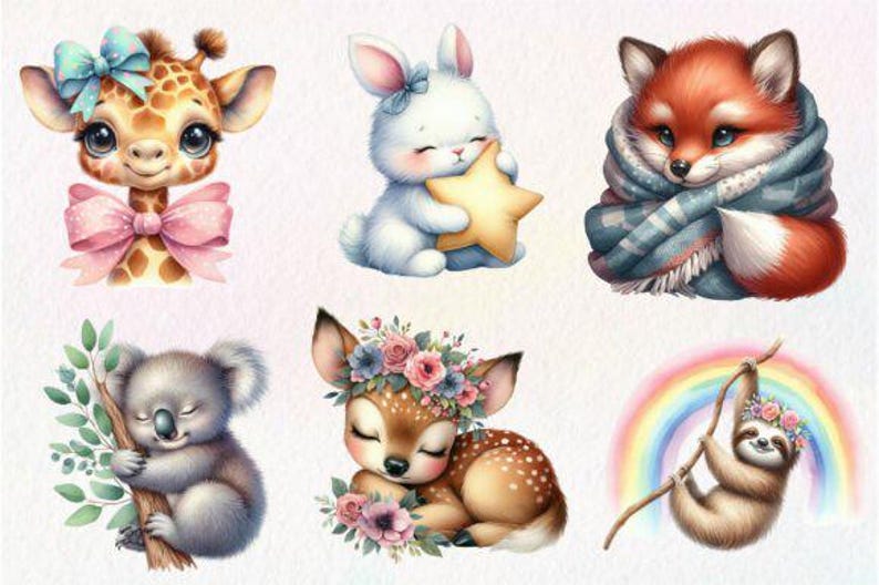 29 Nursery Animal Clipart Bundle / Watercolor Baby Animals PNG / Cute ...