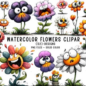 以下が含まれることがあります： 気まぐれな水彩画の花のクリップアートデザインのコレクション。花は表情豊かな顔をしており、オレンジ、黄色、紫、ピンクなど、さまざまな色があります。「WATERCOLOR FLOWERS CLIPAR (52)-DESIGNS PNG FILES - SOLID COLOR」というテキストが表示されています。