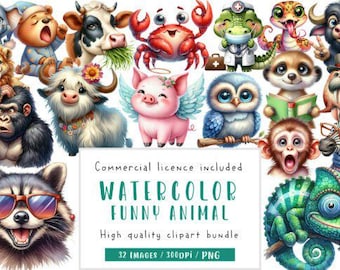 32 divertenti clipart di animali PNG, cartoni animati, acquerelli, personaggi dello zoo, decorazioni artistiche per la cameretta dei bambini