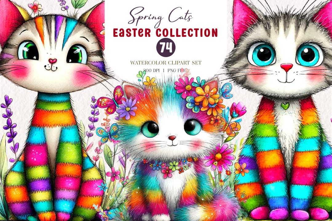 74 Spring Cats Clipart Rainbow Kittens Easter Watercolor Cat PNG Floral ...