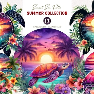 17 Sunset Sea Turtle Watercolor Clipart PNG Bundle, Tropical Summer Ocean Turtle Graphics, Beach Sunset Sublimation Set 300 DPI