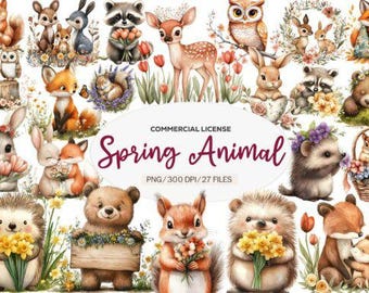 27 Spring Animal Clipart Bundle / Watercolor Woodland Creatures PNG / Floral Forest Animals / Nursery Spring Clip Art