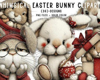 36 Whimsical Easter Bunny Clipart PNG / Cute Baby Rabbit Art / Vintage Spring Bunnies / Pastel Holiday Animals