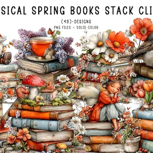 Puede incluir: Una pieza de arte digital caprichosa que presenta pilas de libros adornados con elementos primaverales. Un gnomo, un pájaro, un hada y flores se encuentran entre las decoraciones. El texto "WHIMSICAL SPRING BOOKS STACK CLIPART" está en la parte superior.
