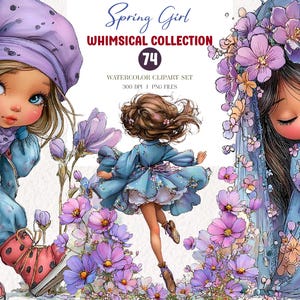 以下が含まれることがあります： 水彩画のクリップアートセット。3人の少女と花のイラスト。少女たちは青いドレスと帽子を着用し、1つはてんとう虫付き。上部には「Spring Girl Whimsical Collection」の文字。