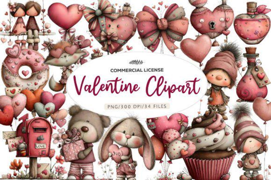 34 Valentine Clipart Bundle / Cute Watercolor PNG / Sweet Love ...