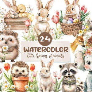 Puede incluir: Ilustraciones en acuarela de lindos animales de primavera, incluyendo un zorro en una taza, conejos, una ardilla, un mapache y un elefante. La imagen incluye el texto "24 WATERCOLOR Cute Spring Animals."