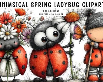 Puede incluir: Clipart caprichoso de mariquitas de primavera con tres personajes ilustrados. Una mariquita sostiene flores, otra una margarita y un tercer personaje, que se asemeja a una mariquita, sostiene un bastón. Las mariquitas tienen alas rojas con lunares negros.