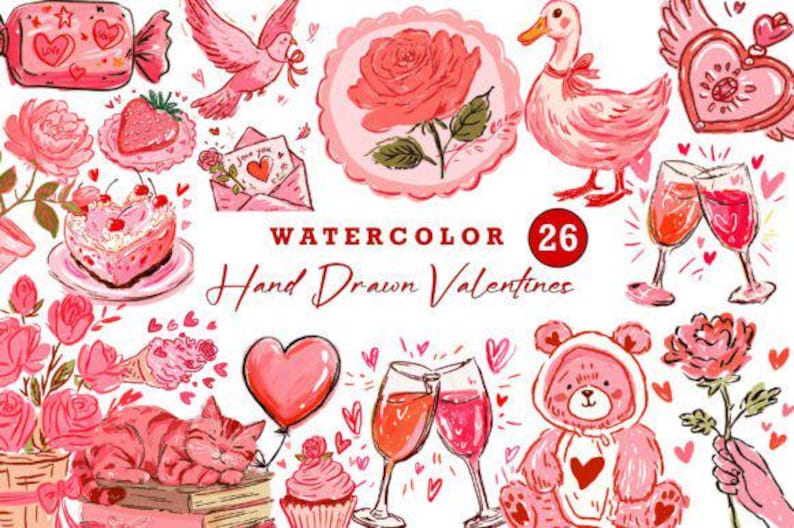 26 Hand Drawn Valentine Clipart Bundle / Watercolor Love PNG / Romantic ...