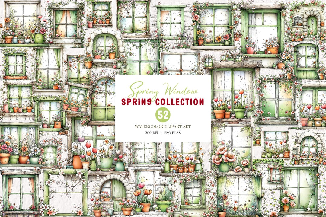 Spring Window R 52 Spring Window Clipart PNG Bundle, Watercolor Floral Window Frames ...