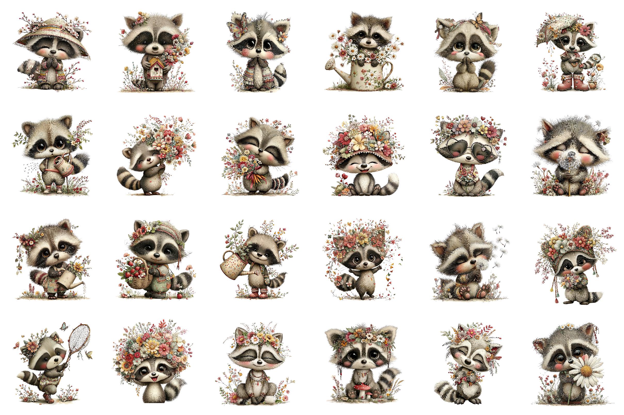 Spring Raccoon Pattern 73 Spring Raccoon Watercolor Clipart PNG Bundle, Woodland Floral ...