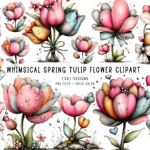 Puede incluir: Clipart de acuarela con caprichosas flores de tulipanes de primavera en rosa, azul, amarillo y naranja. La imagen incluye varios diseños de tulipanes, algunos con mariposas y corazones, y el texto "WHIMSICAL SPRING TULIP FLOWER CLIPART".
