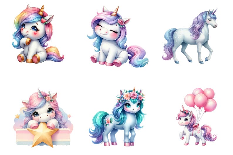 31 Unicorn Watercolor Clipart PNG Bundle, Cute Pastel Fantasy Unicorn ...