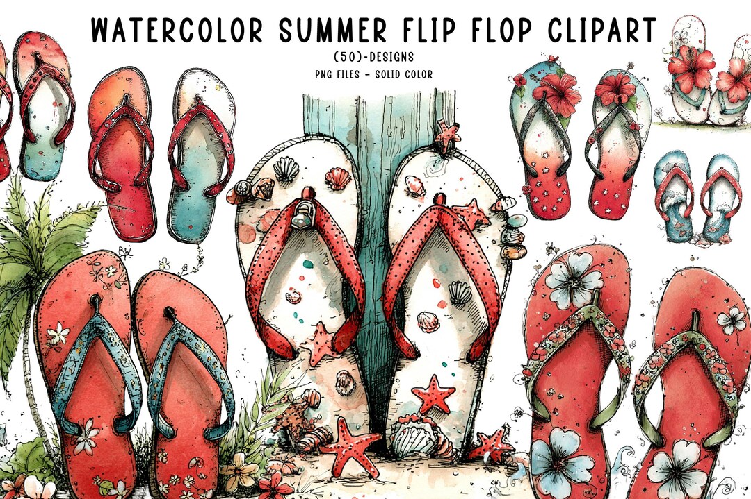 50 Summer Flip Flop Watercolor Clipart PNG Bundle, Beach Sandal ...