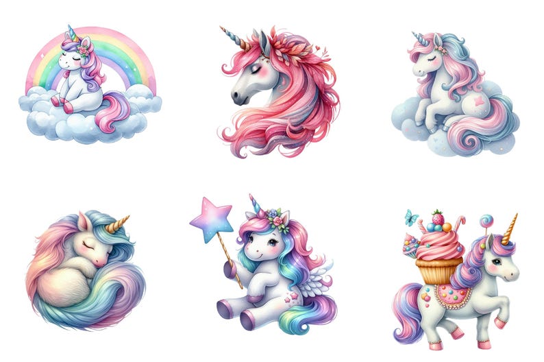 31 Unicorn Watercolor Clipart PNG Bundle, Cute Pastel Fantasy Unicorn ...