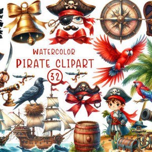 May include: Watercolor pirate clipart featuring various pirate-themed illustrations. Includes pirate ships, treasure chests, parrots, pirate hats, a compass, a bell, and pirate characters. The text "Watercolor Pirate Clipart" is visible.