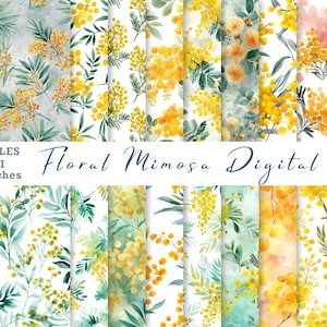 Può includere: Una collezione di carte digitali con disegni floreali ad acquerello. Le carte presentano fiori di mimosa nei toni del giallo e del verde, con rami frondosi. Il testo recita "Floral Mimosa Digital Paper" e include i dettagli del file: 49 file PNG, 300 DPI, 30,48 x 30,48 cm.