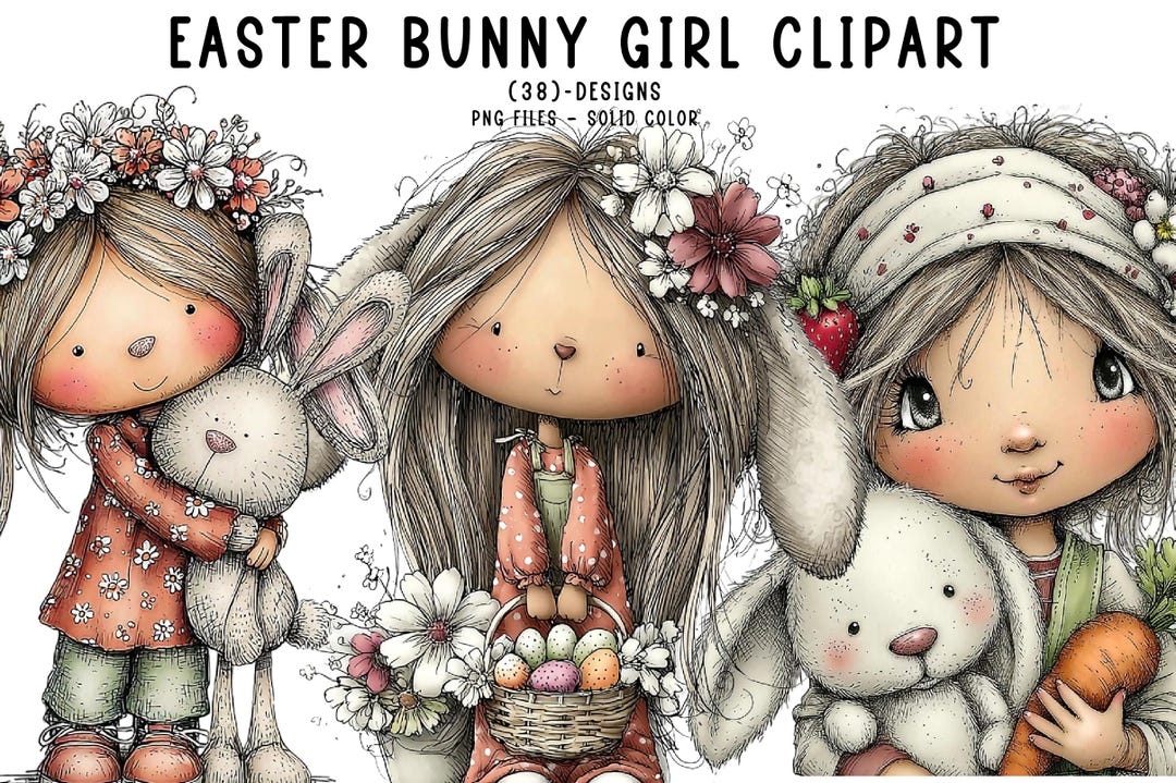 38 Easter Bunny Girl Clipart Bundle, Whimsical Spring Girls PNG ...