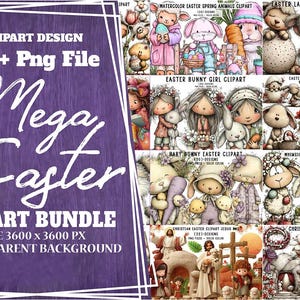 May include: A digital clipart bundle with an Easter theme. The image features various Easter-themed illustrations, including bunnies, lambs, and children, with the text "Mega Easter Clipart Bundle" and "1200+ Png File". The size is 3600 x 3600 px.