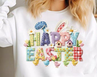 Joyeuses Pâques PNG faux fil loquet crochet lettrage lapin fleurs poussins printemps pâques chemise sublimation design enfants décor
