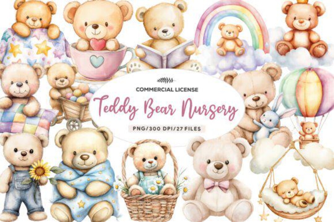 27 Teddy Bear Nursery Clipart Bundle / Watercolor Baby Bears PNG ...