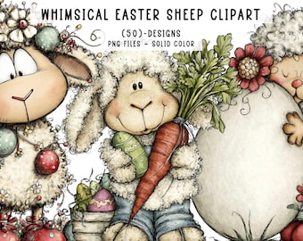 50 Whimsical Easter Sheep Clipart Bundle, Cute Watercolor Lambs, Spring Farm Animals PNG Illustrations