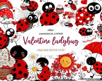 Paquete de 30 imágenes prediseñadas de mariquitas de San Valentín / Mariquitas PNG de acuarela / Lindos bichos amorosos / Arte infantil de San Valentín / Gráficos extravagantes