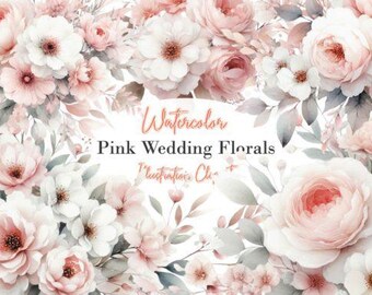 Soft Pink Wedding Florals Clipart PNG / Romantic Rose Bouquet Art / Elegant Bridal Flowers / Watercolor Floral Set