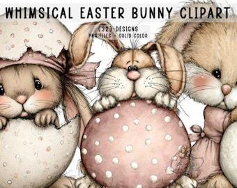 32 Whimsical Easter Bunny Clipart PNG / Cute Baby Rabbit Art / Spring Holiday Animals / Soft Pastel Bunnies