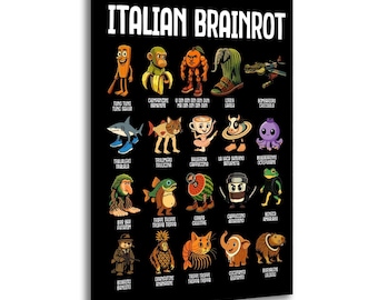 Funny Italian Brainrot Meme Wall Art - Whimsical Hybrid Creatures Retro Poster for Bedroom Dorm Decor