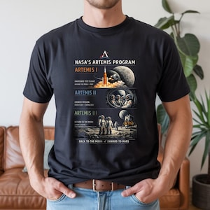 Peut inclure: T-shirt noir avec le programme NASA Artemis. Le motif comprend des illustrations de fusées, d'astronautes et de la lune, avec du texte détaillant les missions Artemis. Un hommage à l'exploration spatiale.