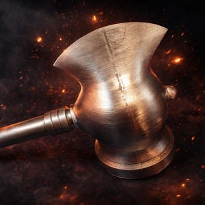 May include: A metallic bronze gavel with a rounded head and a long handle. The gavel is set against a dark background with fiery orange sparks, creating a dramatic effect. The design suggests a historical or fantasy theme.