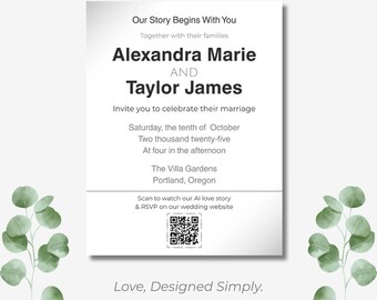 Minimalist Wedding Invitation Template with QR Code | Clean & Editable in Canva