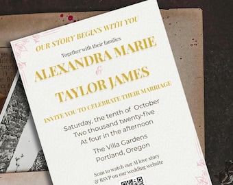 Vintage Glam Wedding Invitation | Template with QR Code | Elegant & Editable in Canva