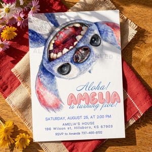 May include: A watercolor invitation featuring the character Stitch from Lilo & Stitch. The invitation reads "Aloha! Amelia is turning five!" with event details. The design includes blue, pink, and white colors.