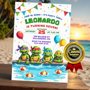 Könnte beinhalten: Eine Geburtstagseinladung mit den Teenage Mutant Ninja Turtles. Die Einladung enthält den Namen "Leonardo", das Alter "sieben", das Datum, die Uhrzeit und den Ort. Bunte Luftballons und Strandbälle schmücken das Design. Ein Canva-Vorlagenlogo befindet sich in der Ecke.