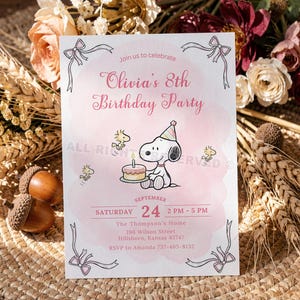 Snoopy Invitation for Girls Birthday, Pink Watercolor Peanuts Gang Party Invite – Editable Canva Template