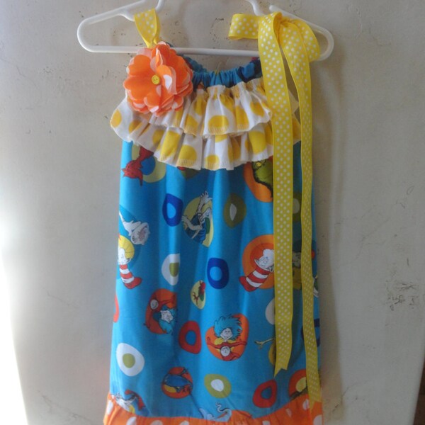 LAST ONE Dr Seuss Pillowcase Dress with ruffled neckline and flower pin