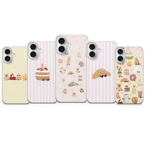 Può includere: Cinque custodie per telefono con simpatiche illustrazioni in stile cartone animato. I disegni includono una torta, un croissant e personaggi a tema cibo. Gli sfondi presentano strisce e una tavolozza di colori chiari.