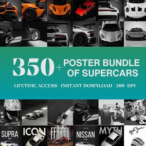 350+ bilposterspaket, superbil JDM och racingväggkonst, utskrivbar bilgaragedekor, digital nedladdning