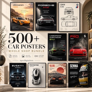 May include: A digital collection of 500+ car posters featuring various high-performance vehicles including McLaren, Porsche, BMW, Lamborghini, Ferrari, Bugatti, Koenigsegg, Toyota, and Ayrton Senna, presented in a bundle with digital access.