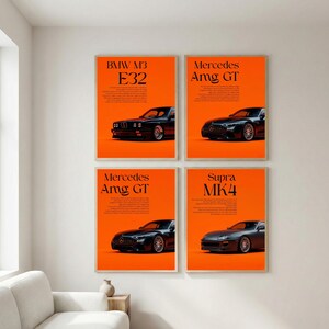 May include: Four framed art prints with black car illustrations on an orange background. The prints display a BMW M3 E32, Mercedes AMG GT, and Supra MK4, each with model names in text.