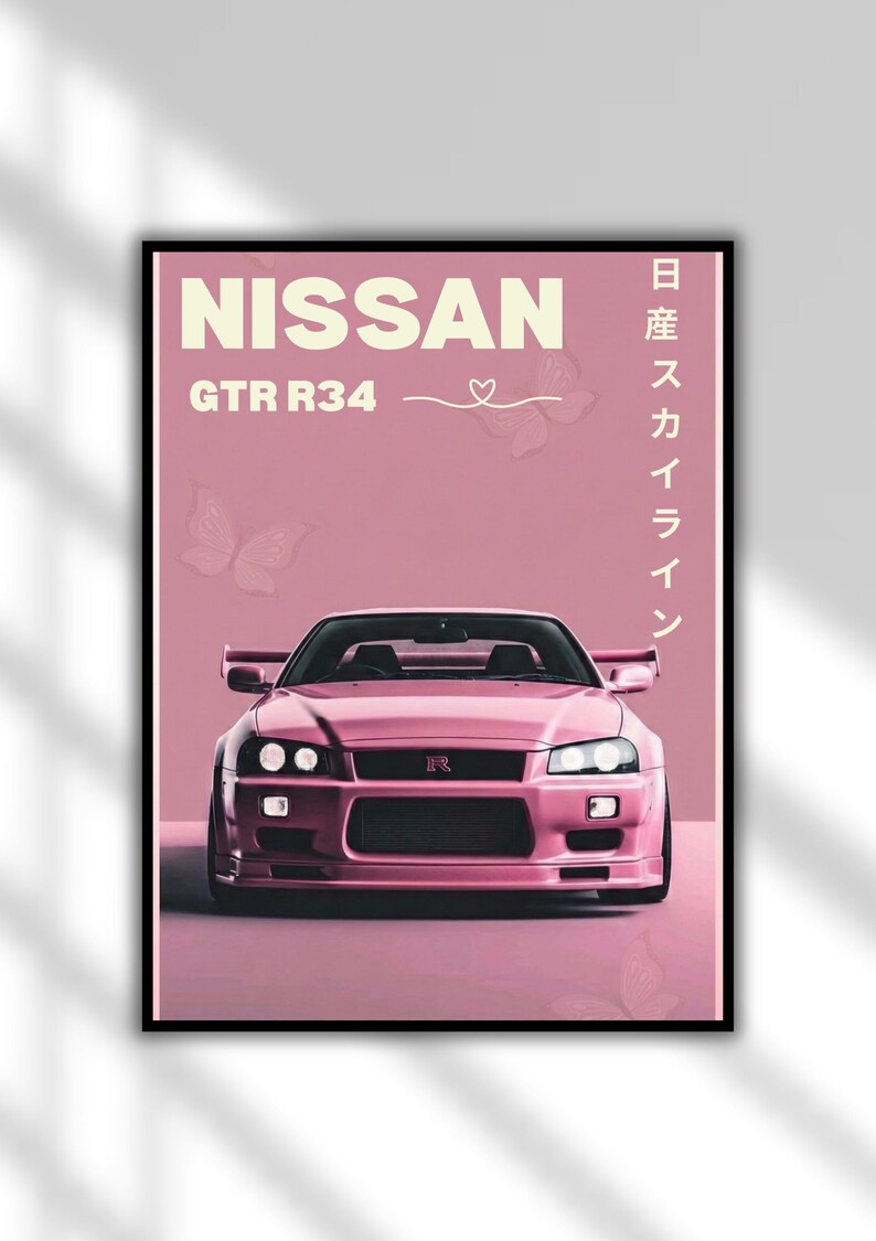 Nissan GTR R34 Poster, Pink JDM Wall Art, Kawaii Car Print, Cute ...