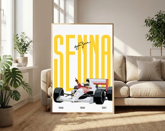 May include: A vertical poster featuring a white background with the large yellow text SENNA. A red and white Formula 1 race car with a driver in a yellow helmet is centered. The years 1988, 1990, and 1991 are printed below the car.