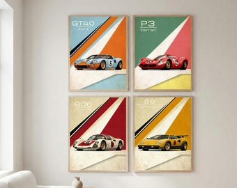 Juego de 4 coches de carreras vintage, póster Ford GT40, Ferrari P3, Porsche 906 Countach, galería de coches retro, decoración de mediados de siglo.