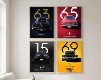 American Muscle Car Poster Set for Vintage Car Lovers, Chevrolet, Ford, Studio Car Art, Old School Car Prints, Garage Decor