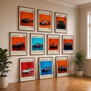 May include: A gallery wall featuring nine framed posters of sports cars, including the Koenigsegg CCX, Bugatti Veyron, Bentley, Mazda RX-7, McLaren P1, Lamborghini Sesto, Bugatti Chiron, Lambo Countach, Impreza 555, and Corvette Z06 with text.