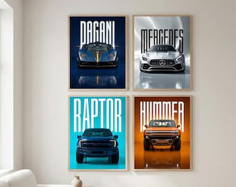 Supercar & Truck Wall Art Set of 4, Mercedes AMG Pagani Zonda Hummer EV Ford Raptor Poster, Dream Garage Bundle, Boys Room Decor Print