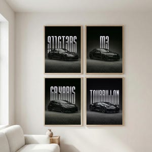 May include: Four framed black and white car posters. Each poster features a different car model with its name in a vertical, stylized font. The cars are set against a dark background, creating a sleek and modern aesthetic.